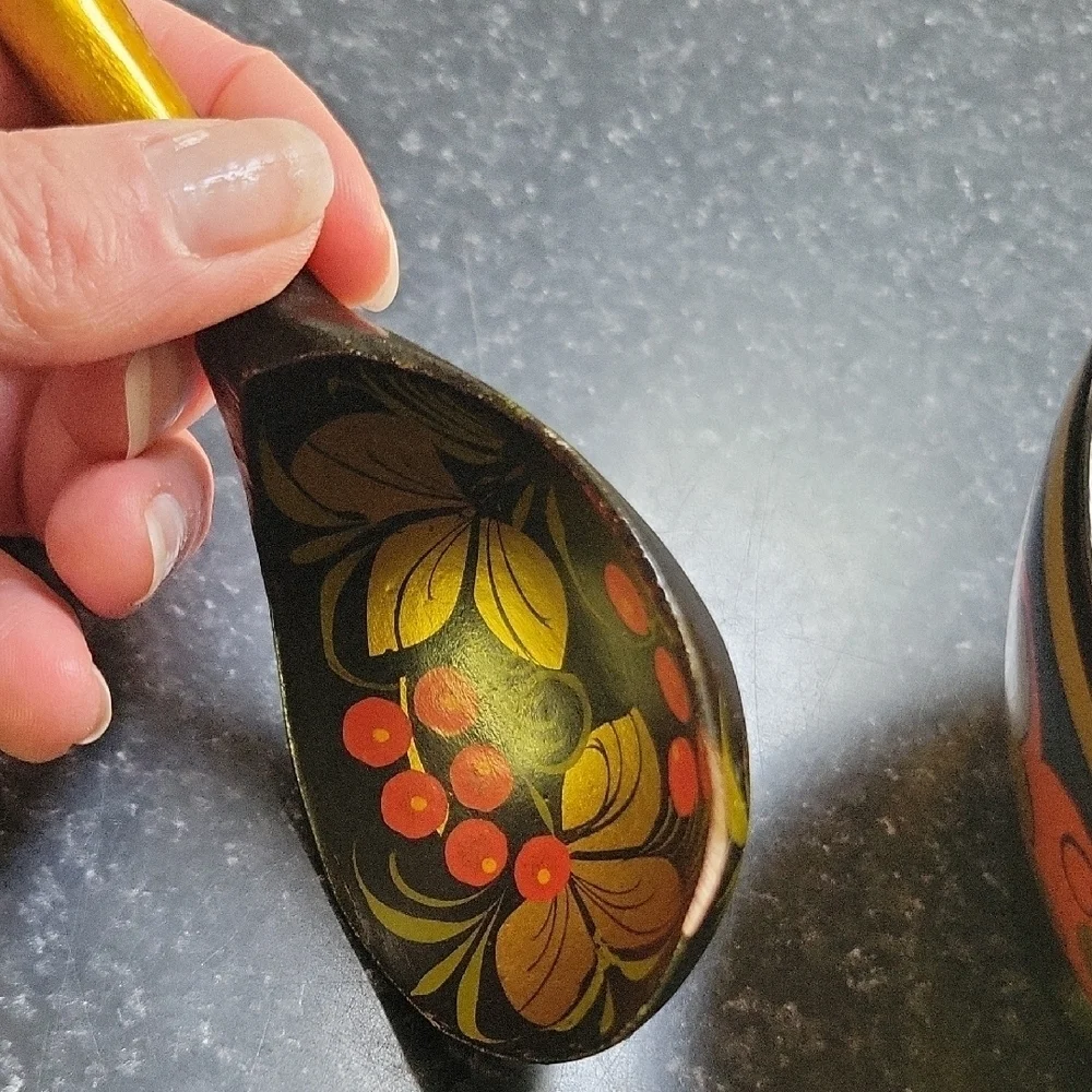 Russian Ukrainian Handcrafted Handpainted Yellow Black Flowers Bowl Spoon Wooden